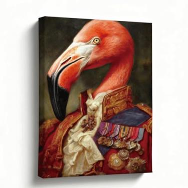 Imagem de Arte de parede de retrato de animal, flamingo elegante em tela de uniforme real, pintura de pássaro renascentista vintage, decoração de parede de galeria peculiar para banheiro, bar, escritório