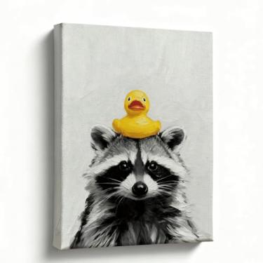 Imagem de Arte de parede de banheiro, guaxinim com tela de pato de borracha, impressão de pintura a óleo animal preto e branco, decoração de banheiro de fazenda para banheiro e lavabo, pronto para pendurar, 20