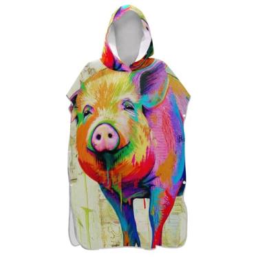 Imagem de TSENQUE Poncho de surfe para trocador de roupas de banho de praia com capuz absorventes tinta engraçada colorido porco fofo poncho masculino com capuz