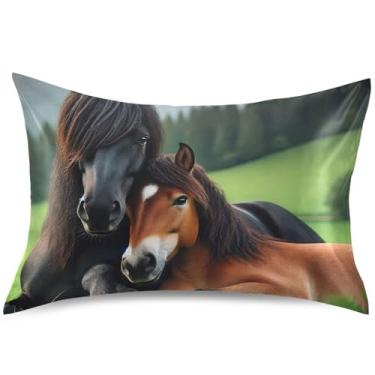 Imagem de Capas de almofada de cetim fofas com estampa animal de cavalo para cabelo King Queen capa de travesseiro padrão arte colorida refrescante, capas de travesseiro de cama, tamanho Queen, 76 cm x 50 cm