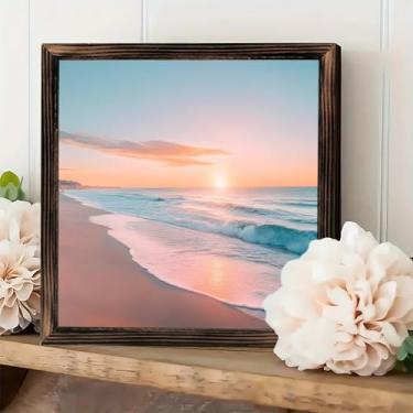 Imagem de Placa de arte de parede emoldurada vintage rústica - "Ondas de praia do pôr do sol pastel" decoração de mesa 20 x 20 cm - presentes para fazenda, cafés, lojas, quarto, banheiro, casa e escritório