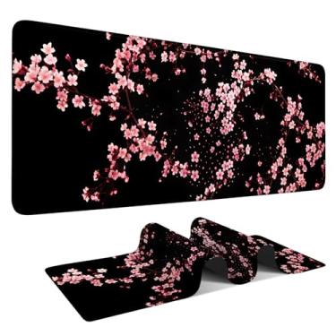 Imagem de Tapete de mouse estendido para queda de flor de cerejeira GG 80 x 30 cm – Tapete de mesa floral rosa – Base de borracha antiderrapante, bordas costuradas