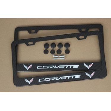 Imagem de 2 peças de fibra de carbono moldura de placa de licença suporte de capa de corvette - aço inoxidável