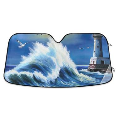 Imagem de Para-sol personalizado para farol de onda azul oceano para para-brisa bonito retrátil dobrável automotivo protetor solar floral M, 139,7 cm x 70,1 cm