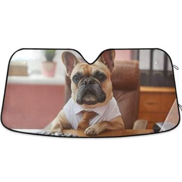 Imagem de Sombra de sol para cachorro engraçado buldogue fofo para para-brisa de carro retrátil personalizado para-brisa frontal floral animal L, 144,8 cm x 80 cm