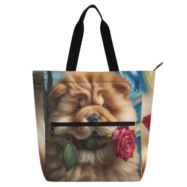 Imagem de GAIGEO Bolsa feminina Starry Night Chow Chow Dog para trabalho, lona, bolsa de tecido universitária, escola, professor, bolsa com compartimentos