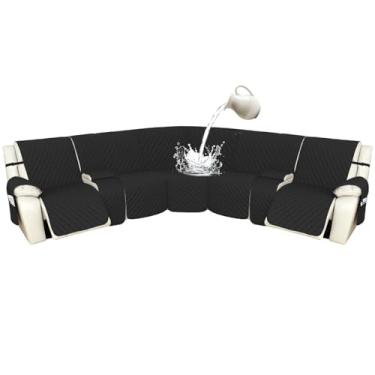 Imagem de Arfntevss Capas para sofá reclináveis 1OO% à prova d'água, em forma de L, capa de sofá reclinável em forma de L, protetor de canto lavável para cães (5 lugares com 2 consolas, preto)