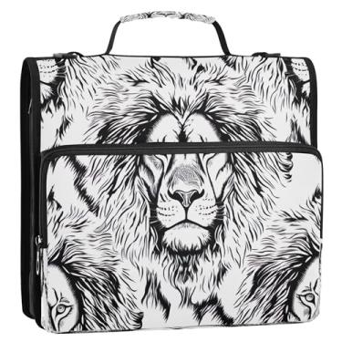 Imagem de Fichário Majestic Lion preto e branco com 3 anéis de 3,8 cm anel D com zíper e alça de ombro para pasta de portfólio de armazenamento escolar com alça