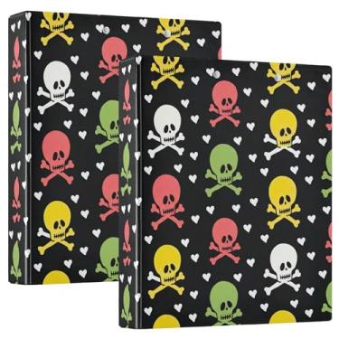 Imagem de Fichários personalizados com caveiras coloridas pretas de 3 cm, 3 anéis, comporta 200 folhas, fichário redondo, 31,5 x 27 x 6 cm, 1 pacote