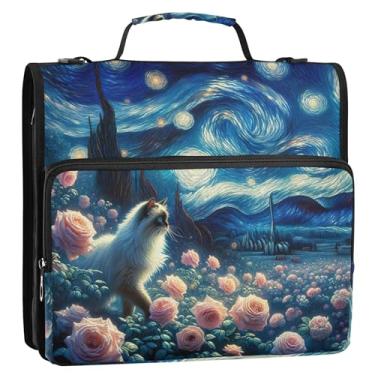 Imagem de Fichário fofo gato noite estrelada gatinho rosa 3,8 cm 3 argolas anel D fichário organizador com zíper com alça de ombro para portfólio escolar e suporte de pasta de anel