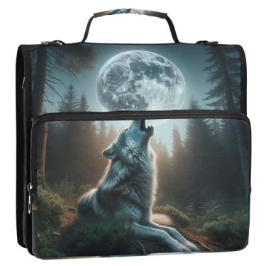 Imagem de Fichário organizador com zíper e lua de lobo uivante de 3 cm com alça de ombro para impressão escolar, vários bolsos, pasta de portfólio grande