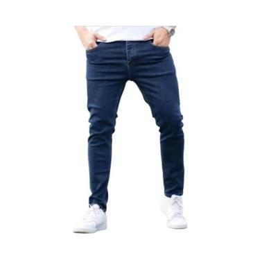 Imagem de Calças Jeans Slim Fit Masculinas Em Preto E Azul, Cor Pura, Estilo Cas