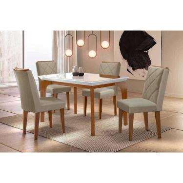 Imagem de Sala Jantar Mesa Londrina Tampo c/ Vidro Curvo 120cm 4 Cadeiras Pietá Madeira Naturale/Off White - Capuccino/Suede Creme - Rufato
