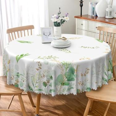 Imagem de SIEDYCV Toalha de mesa redonda de folha de eucalipto, 137 cm, folhas de eucalipto, flor, branco, verde, tecido de poliéster, antirrugas, reutilizável, planta, capa de mesa para jardim, piquenique