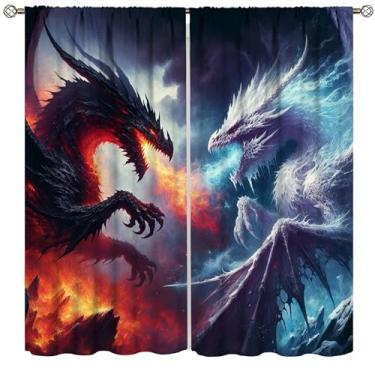 Imagem de Cortinas de dragão, fantasia de fogo e gelo dragão vermelho azul para meninos meninas adolescentes quarto sala de estar cozinha janela tratamento conjunto 2 painéis tamanho total 107 cm L x 114 cm C