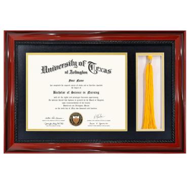 Imagem de GMFrames Moldura de diploma de madeira maciça com suporte de borla para certificado de 21 x 28 cm com tapete preto sobre ouro, acabamento cereja com detalhes intrincados de corda preta, acrílico com