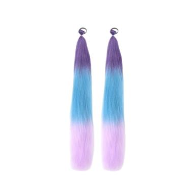 Imagem de ChuYiElegance 2 peças de extensão de cabelo rabo de cavalo com elástico, elegante extensão de rabo de cavalo sintética para maquiagem de festa à fantasia, Roxo Azul Rosa