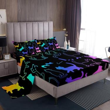 Imagem de Erosebridal Jogo de lençol de cima + fronha + lençol com elástico + fronha, desenho fofo de gatinho e gato, para crianças, meninos, meninas, animal de estimação, ultramacio, 4 peças, preto