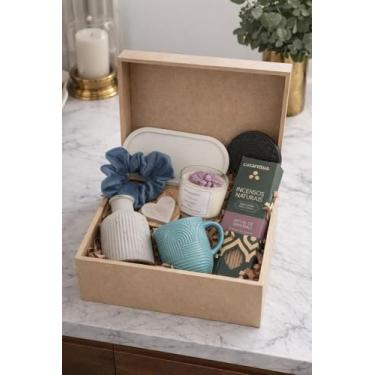 Imagem de Kit Presente Luxo Autocuidado – Ritual de Gratidão com Bandeja e Itens em Cimento Artesanal, Vela Aromática, Caneca e Incenso – Caixa MDF