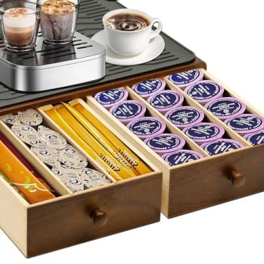 Imagem de MonBel Suporte de cápsulas de café de madeira com almofada de silicone antiderrapante, organizador de copos K de capacidade 30 para bancada, gaveta de armazenamento de estação de café