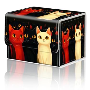 Imagem de DEGDFSGR Caixa organizadora de cartas TCG MTG para cartões colecionáveis caixa de baralho comandante fecho magnético padrão criativo até 200 cartas, gato vermelho gato preto