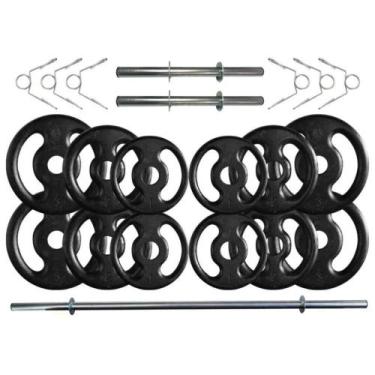 Imagem de Kit com 24 Kg de Anilhas Ferro Fundido + Barras de Supino e Halteres -
