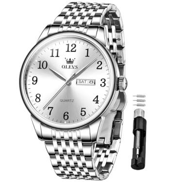 Imagem de OLEVS Relógio masculino à prova d'água com data e dia, analógico, quartzo, casual, número, clássico, luxuoso, escalas luminosas, 41 mm, rosto grande, fácil leitura, Reloj para Hombre, Silver