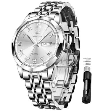 Imagem de OLEVS Relógio masculino à prova d'água com data e dia, analógico, quartzo, casual, número, clássico, luxuoso, escalas luminosas, 41 mm, rosto grande, fácil leitura, Reloj para Hombre, Relógio prata