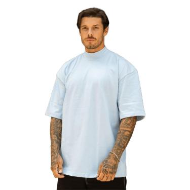 Imagem de Camiseta Oversized Gola Alta Lisa Basica Streetwear Confortavel Masculina Azul Claro-Masculino