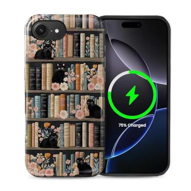 Imagem de CARLOCA Capa magnética para iPhone 16e, design de gatos pretos e livros compatível com MagSafe Hybrid Dual Protection TPU macio PC rígido à prova de choque anti-arranhões capa de telefone masculina