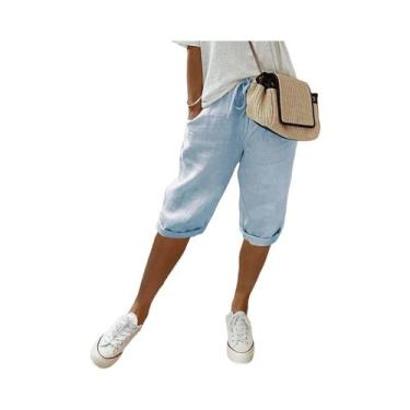 Imagem de Calças Casuais De Algodão E Linho Para Mulheres Com Bolsos E Elástico,