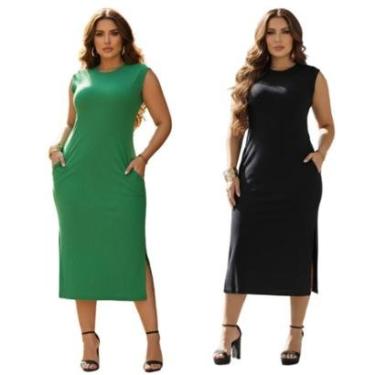 Imagem de Kit 2 Vestidos Reto Feminino Canelado Casual com Bolsos Veste 38-42-Feminino