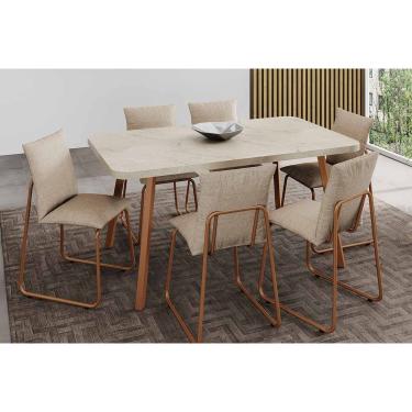 Imagem de Sala Jantar Mesa Stellar 1597 Aço c/ Tampo Madeirado 160x90cm e 6 Cadeiras Soft Rose/Petra - Rose/Areia - Carraro