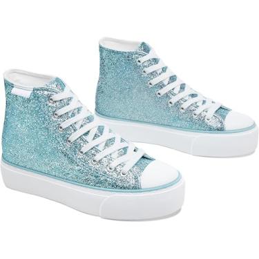 Imagem de ALTOCIS Tênis moderno com plataforma com glitter, tênis feminino brilhante, cano alto, plataforma confortável, Glitter ciano, 41