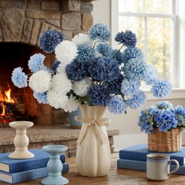 Imagem de Giegxin 8 peças de flores artificiais de crisântemo de outono de 53 cm, azul marinho queimado com 5 cabeças, flor kiku falsa, pompom, seda, mãe, floral, para mesa de outono, decoração interna de casa