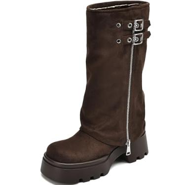 Imagem de TEAIEUI Botas femininas dobráveis, plissadas, largas, de panturrilha, plataforma grossa, adequadas para andar de moto rave, uso casual, Camurça marrom, 39