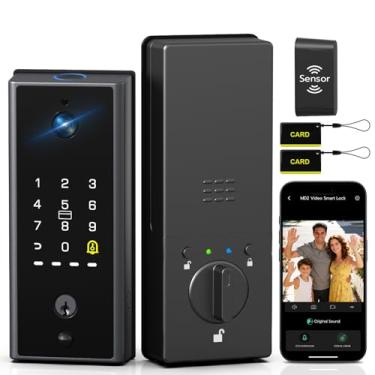 Imagem de Fechadura inteligente com câmera, fechadura de porta com teclado de impressão digital com interfone remoto, bateria integrada e fechadura inteligente para porta da frente