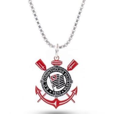 Imagem de Pingente Corinthians Escudo em Prata 925 Colorido + Corrente Tamanho:60 cm-Unissex