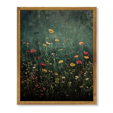 Imagem de KBKBART Arte de parede em tela emoldurada flores silvestres vintage, decoração de parede de flor verde, paisagem natural, flores silvestres, pinturas de arte para sala de estar, quarto, 20 x 25 cm