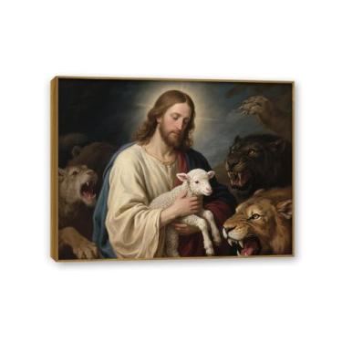 Imagem de Pôster de Jesus Cristão Rei Leão Arte de Parede Religiosa Jesus Cristo Decoração de Parede Espiritual Tela de Cordeiro Leão Imagens de Igreja para Sala de Estar 80 x 60 cm (32 x 24 polegadas) Moldura
