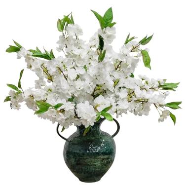 Imagem de ATFL 20 peças de flores de cerejeira brancas artificiais, flores de pêssego de seda, arranjo de plantas falsas para decoração de festa de casamento, jardim, casa, rosa (20, branco)