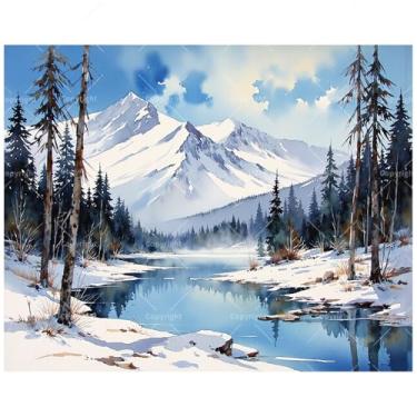 Imagem de Kit de pintura de inverno por números para adultos - DIY Snowy Mountain River Pintura de paisagem em tela, conjunto de tinta acrílica, adequado para iniciantes, arte para decoração de casa ou