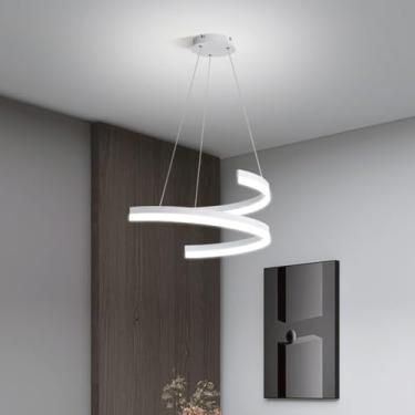 Imagem de Luminária pendente LED moderna redonda geométrica para mesa de jantar, com intensidade regulável e controle remoto. Altura ajustável, ideal para sala de estar e sala de jantar (branca, 40 cm