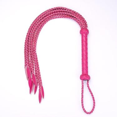 Imagem de Couro genuíno rosa vermelho chicote Cat-O'-Nine-Tails | Cabo de 17 cm e cauda de 43 cm | Chicote de treinamento equestre pendurado | Equipamento de cavalo premium feito à mão