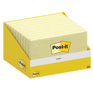 Imagem de Post-it Notas, amarelo canário, pacote com 10 blocos, 100 folhas por bloco, 76 mm x 127 mm, pacote de papelão, 100% PEFC - notas autoadesivas para anotações, listas de tarefas e lembretes