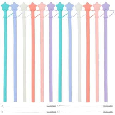 Imagem de 12 canudos de silicone reutilizáveis, 30,5 cm, canudos de silicone, canudo portátil longo com tampa e 4 escovas de limpeza laváveis na lava-louças para viagens e casa