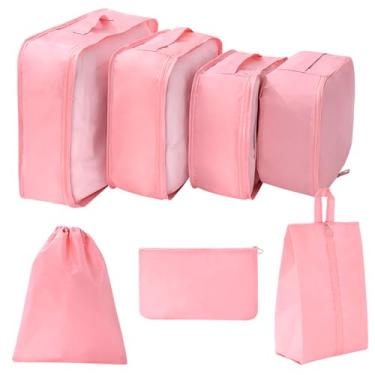 Imagem de Organizador Viagem Kit 7 Peças Necessaire para Bagagem Malas Dobrável Impermeável Multiuso Feminina Masculina Unissex Grande Compacto Prático Roupas Bolsa Cosméticos Higiene Premium (ROSA)