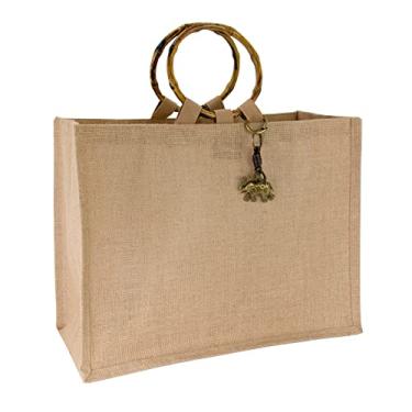 Imagem de Hibala Bolsa de praia grande de tecido de palha feita à mão com borla de ombro, Bege, Large, Cabo de bambu - elefante