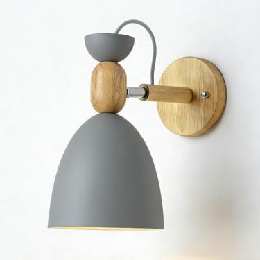 Imagem de Arandela de parede moderna para quarto - Luminária de parede ajustável em madeira e metal, acabamento cinza/verde/branco, ideal para quarto, cabeceira, sala de estar e corredor, base E26/E27