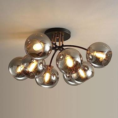 Imagem de Lustre de teto moderno com múltiplas lâmpadas, luminária pendente criativa para interiores, ideal para sala de estar, quarto, sala de jantar e cozinha. Lustre de vidro semi-embutido.